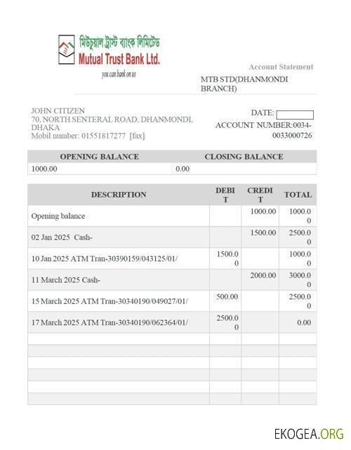 Relevé de compte Bangladesh Mutual Trust Bank Modèle Word et PDF